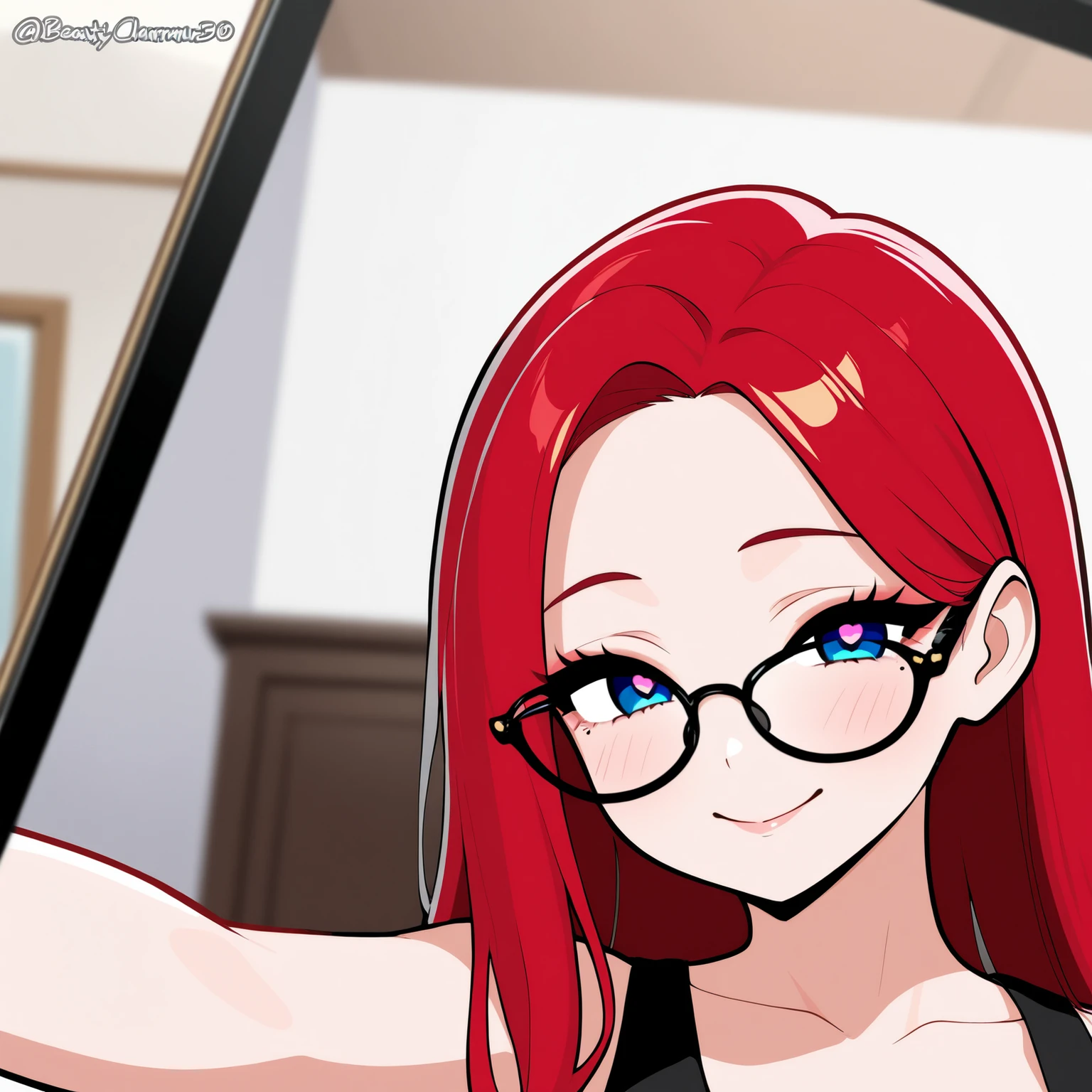 beauty Married Woman Age 30 red hair long hair charming glamour tank top sexy selfie My eyes smile narrows her eyes glasses