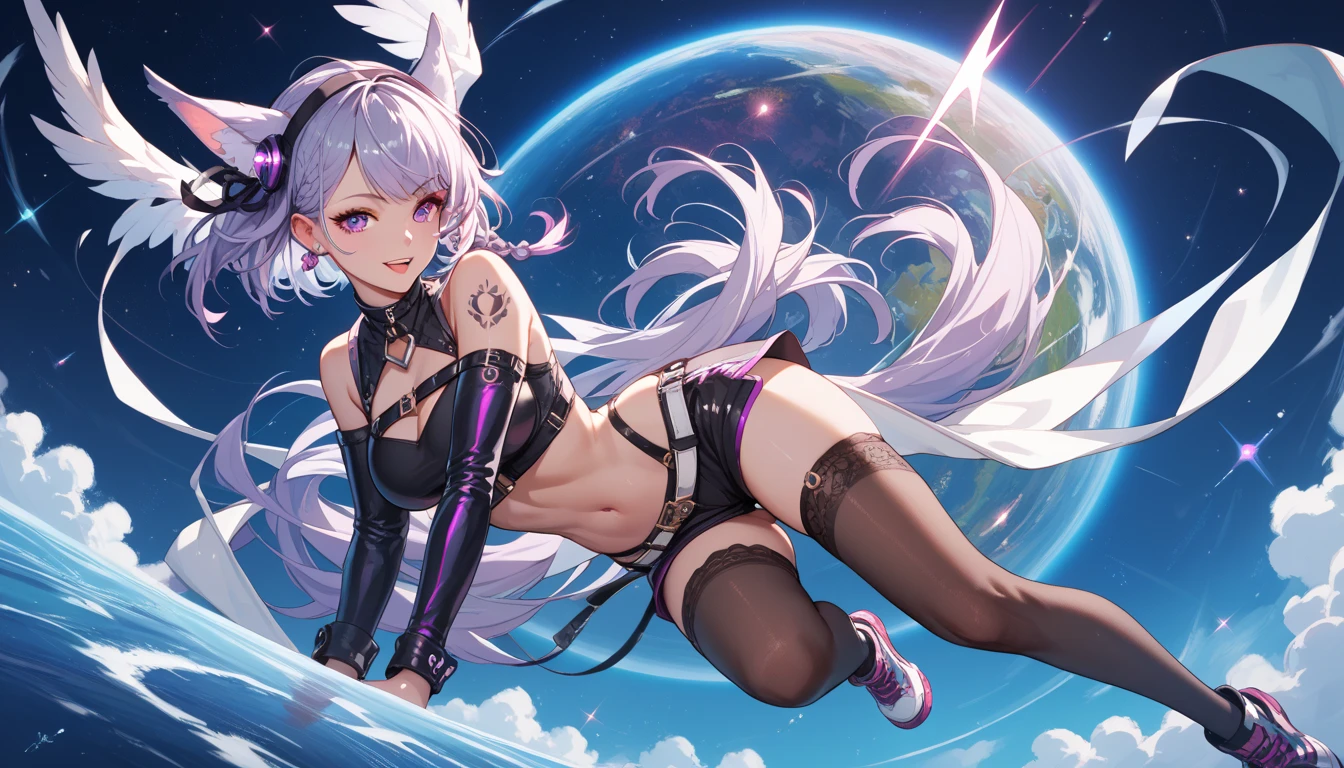 (Extreme Detail CG Unity 8K Wallpapers，tmasterpiece，Highest image quality)，(Delicate light and shadow，The picture is highly dramatic，Cinematic lens effect)A student babes full of youthful energy、Silver shiny hair、Sporty wind、self-assured、vibrancy、Tall、slim、shairband、Bundle up、Sports-style clothing、Light-colored sports suit、self-assured、vibrancy、Tall、slim、shairband、Bundle up、youthfulenergy、Sports-style clothing、Bright colors、Thin waistband、Fashionab、Wrist watch、Bracelet、White sneakers、ssmile、resolution、vibrancy、sport、Sports hand straps、hair pin、Hair rope、Headbands、Bracelet、Anklets、Leg socks、耳Nipple Ring、Falling debris、with beautiful colors、youthfulenergy、adolable、quadratic element、Brush stroke、中景 the scene is、The whole body is like best quality, high resolution
