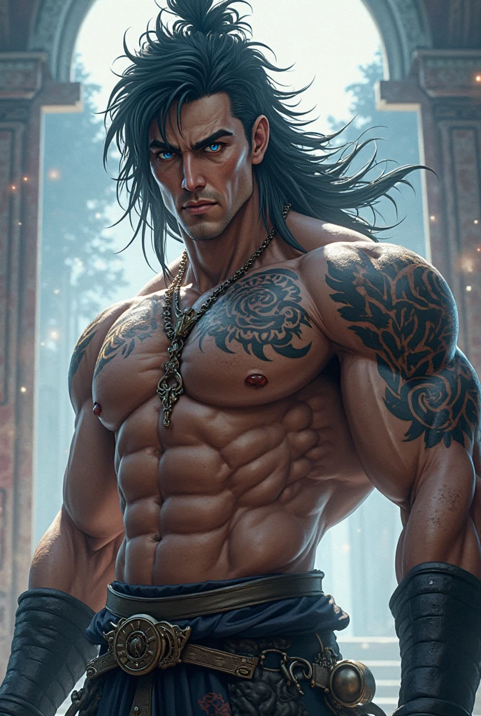 ((best quality)), ((master part)), (circunstanciado), Priapus, , Muscle, Templo Inca, voador, Renascimento, cabelo encaracolado longo roxo, Rosto masculino bonito, olhos detalhados roxo, peito muscular, (cintura estreita), Bunda de bolha, topless, cinto de corrente de ouro, Draped cloth shorts, arm ring, pele detalhada, Realistic, Estilo de Pino Daeni, [estilo de Daniel F. Gerhartz::0.5], Imagem UHD, Contrata, 8k, semi-realista, Epic lighting, foco nítido, Realistic, Romantic, corpo inteiro