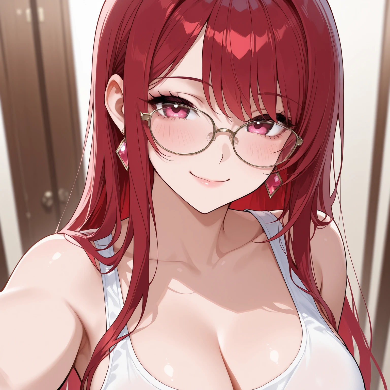 masterpiece, best quality, power, looking at viewer, orange hair, red eyes color, large breasts, upper body, portrait, looking at viewer, seductive smile,both hands raised, armpits, armpits visible, sweaty armpits, wearing glasses,