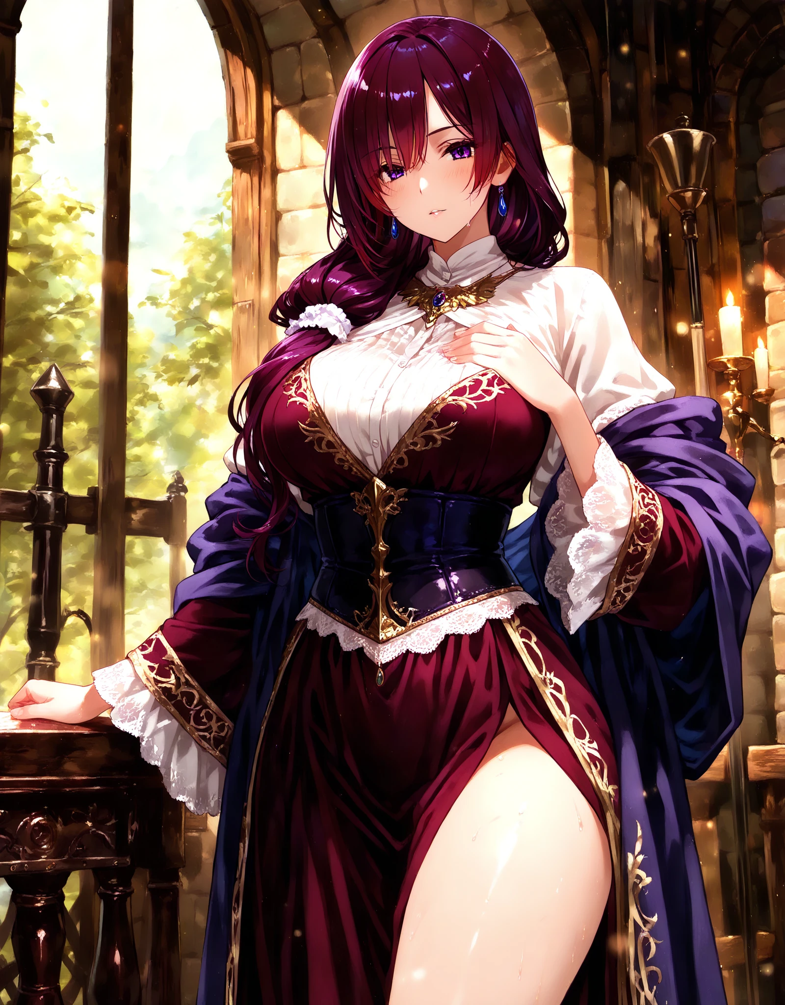 (((​masterpiece))), ((high resolution)), detail, red-haired girl, hypdertailed, sitting on a table, greeneyes, breasts big, defined abdomen, (((thick-thighs))), choker, red lace open corset, books on the table, wearing glasses,