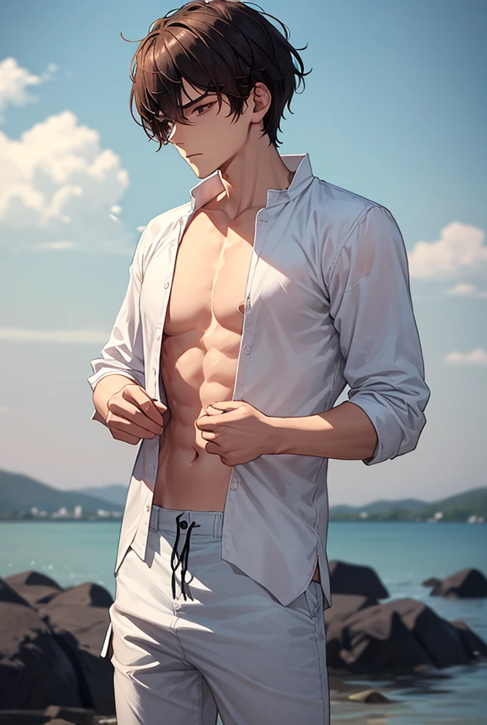 (absurdres, highres, ultra detailed), masterpiece, best quality, a boy with beach, solo, very short hair, red hair, handsome, finely eye and detailed face, open shirt, swim trunks, full body, real shadow, sun glasses, look away
