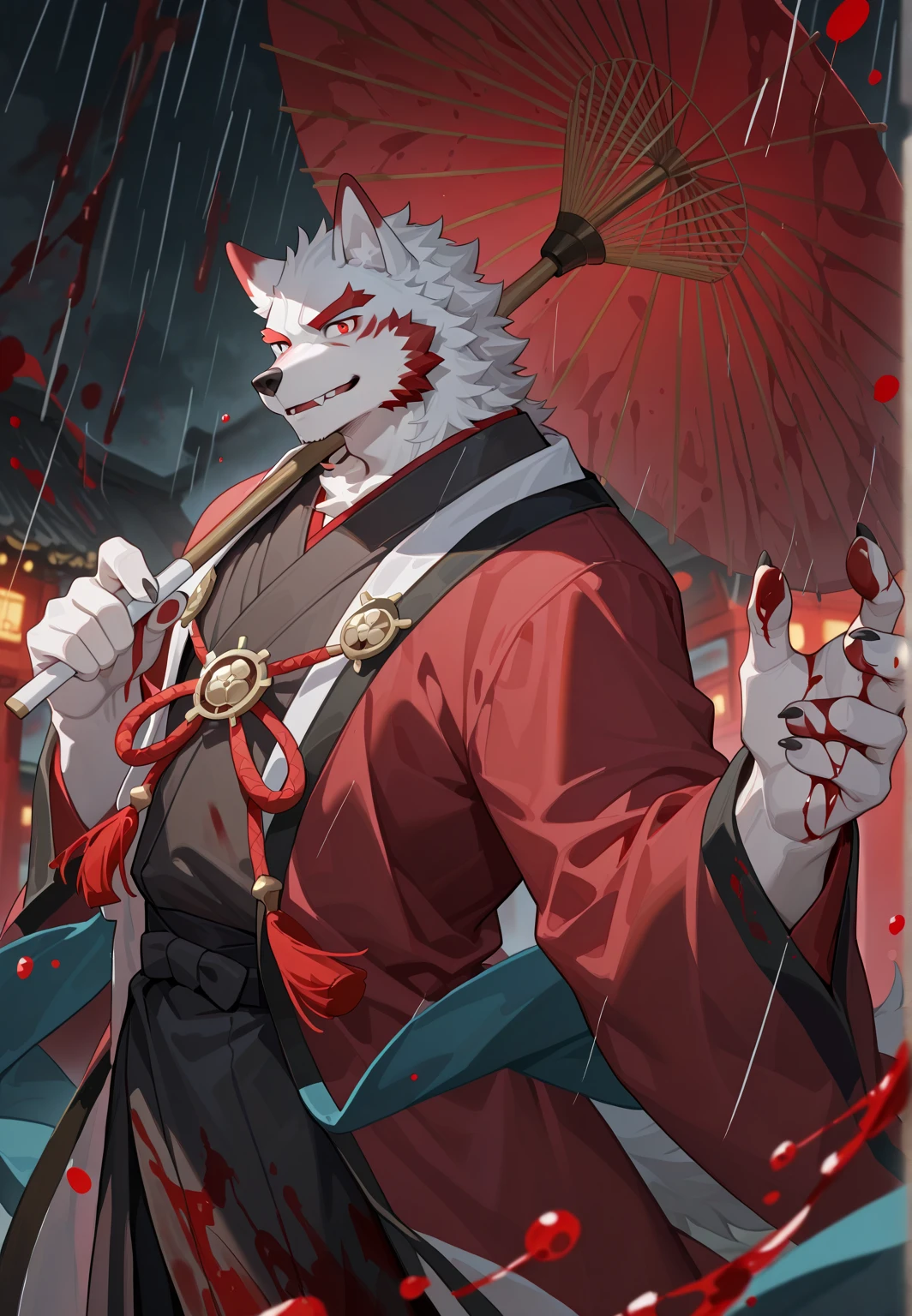 a beautiful and detailed portrait of a male fox,tmasterpiece,oil painted,详细的脸,Red and white robes,White hair,Gray and white fur,Bright red eyes,large tail,High-quality portraits,perfect litthing,hairy pubic,Side Body,ssmile