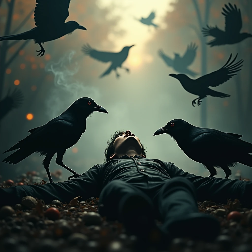 Crows feeding on your broken bones. Nature you ate for dinner. Your eyes are gagged. Your eyes are bleeding.