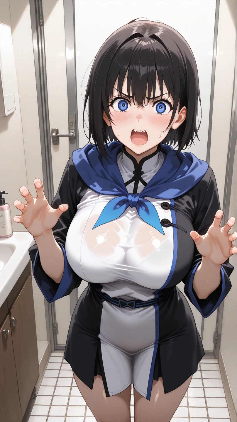 18 year old female, big double eyes, black ponytail, wearing a mask, Blue rubber gloves, school uniform, Performance: excited and excited, Messed up covered in cum and body fluids.