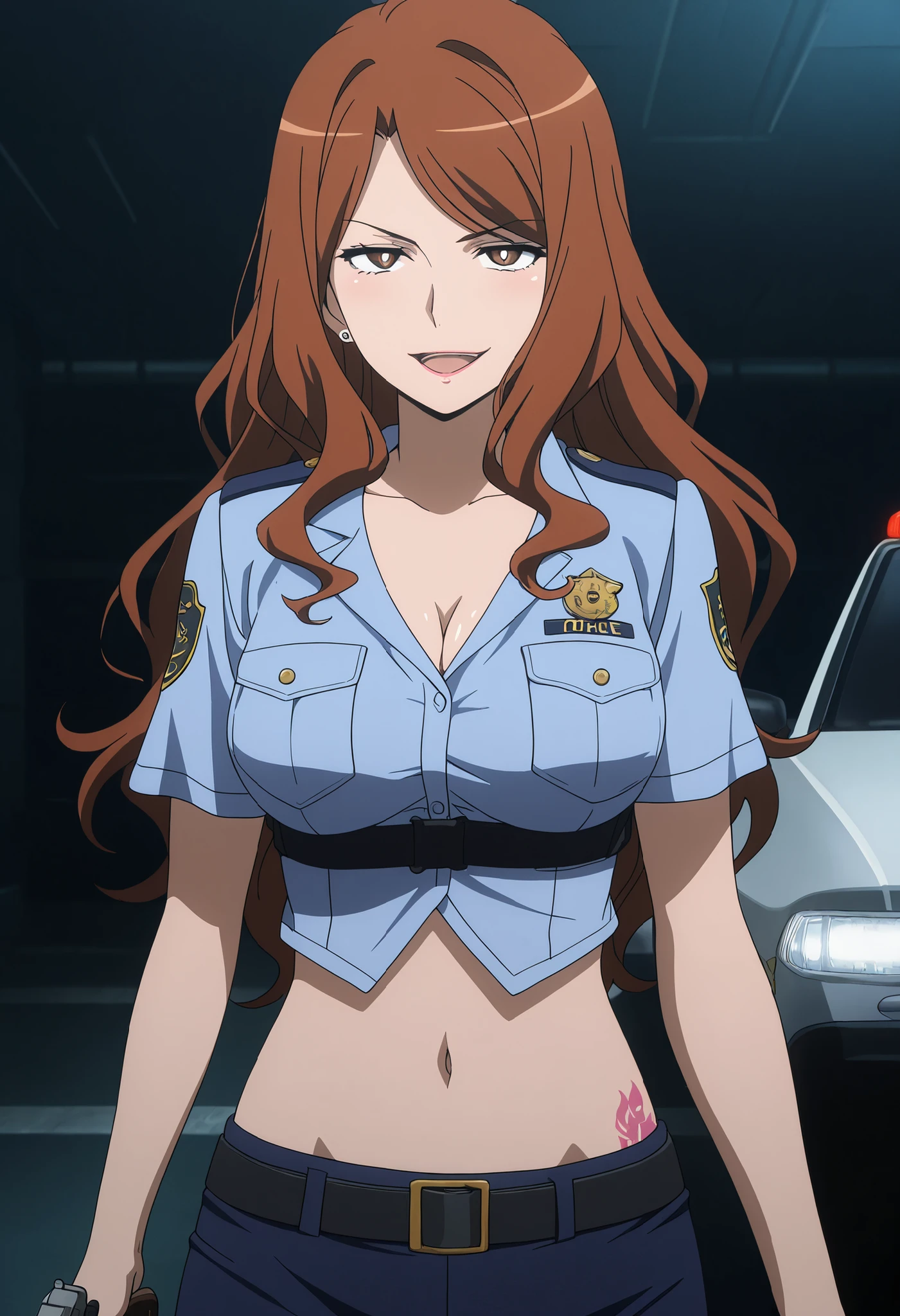 anime coloring, anime-style, anime screencap, detailed background, vignetting, masterpiece, high quality, absurdres, best quality, very aesthetic, newest, dynamic composition, anatomical correct, HD, 4K, digital art, trending on ArtStation, perfect body, perfect eyes, perfect fingers,, mugino shizuri, long hair, wavy hair, brown hair, brown eyes, bright pupils, looking_at_viewer,, 1girl, ear piercing, long hair, blush, lipstick,Hot girl, baddie, smoking, sensual, attractive, masterpiece, best quality, highly detailed, a girl in police uniforms , police outfit, military outfit, open
mouth, cleavage, evil smile, smile, (nsfw) not safe for work, official artwork, , beautiful girl, micro
pencil
skirt, pencil skirt, micro skirt, exposedbelly, exposed navel, exposed midriff, exposed lower belly, holdi
ng a gun, holding pistol,next to police car,police station, police car,  dragon tattoo , narrowed eyes ,waist tattoo, , medium large breasts, , anime screencap , anime coloring,,
