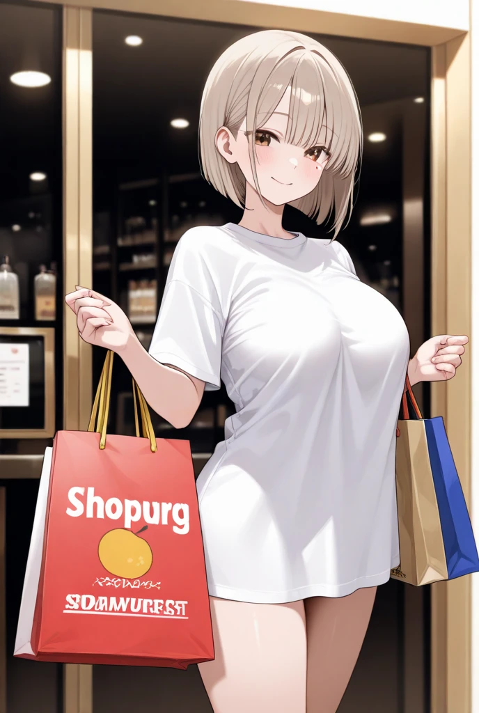 masterpiece、highest quality、be familiar with、1 female、18-year-old、Transparent blue eyes、blonde、black skin、((embarrassed face、blush、Watery eye、full of embarrassment、oil skin、shiny wet skin)), short hair、Seductive thighs、big breasts、big breastsの谷間、Women lining up at the cashier counter、A female shopper puts a condom on the checkout counter、((Oversized plain T-shirt)),wet, ((steam,sweat)),