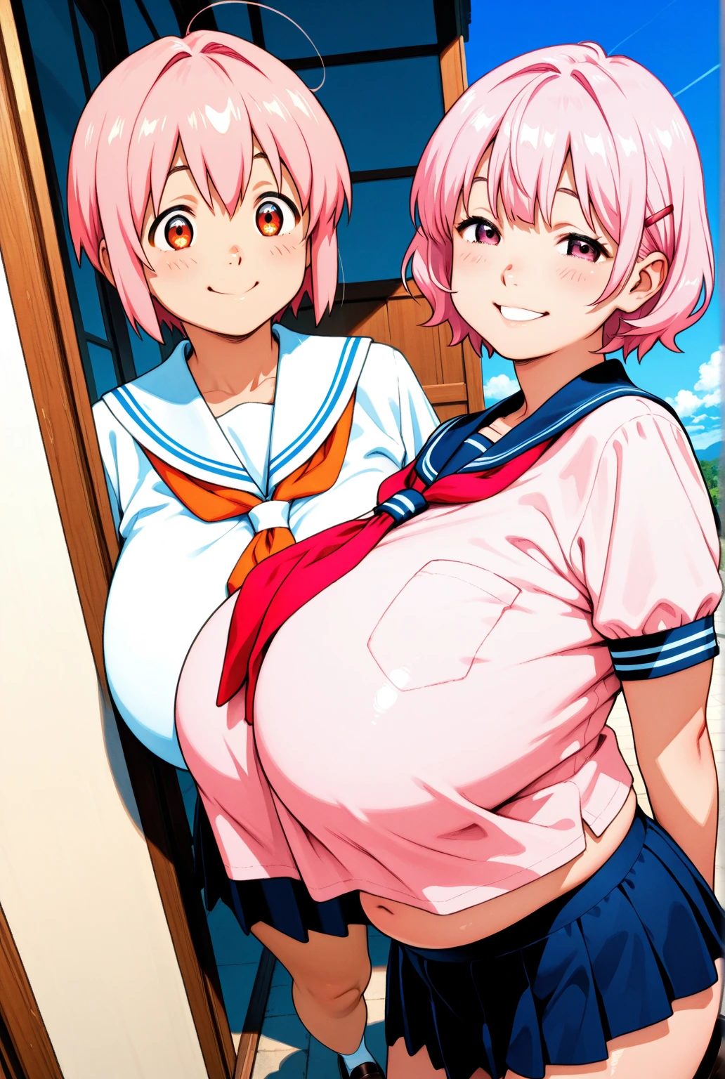 score_9, score_8_up, score_7_up, score_6_up, score_5_up, score_4_up, (source_anime), 2girls,Kobayashi-san Chi no Maid Dragon, (Kanna Kamui, horns, short hair, kid , small breasts, {sucking breasts}), (lucoa, long hair, massive breasts, Inverted nipples,), yuri, age difference, giant size difference, breast sucking, far, full body, breast milk, Horn