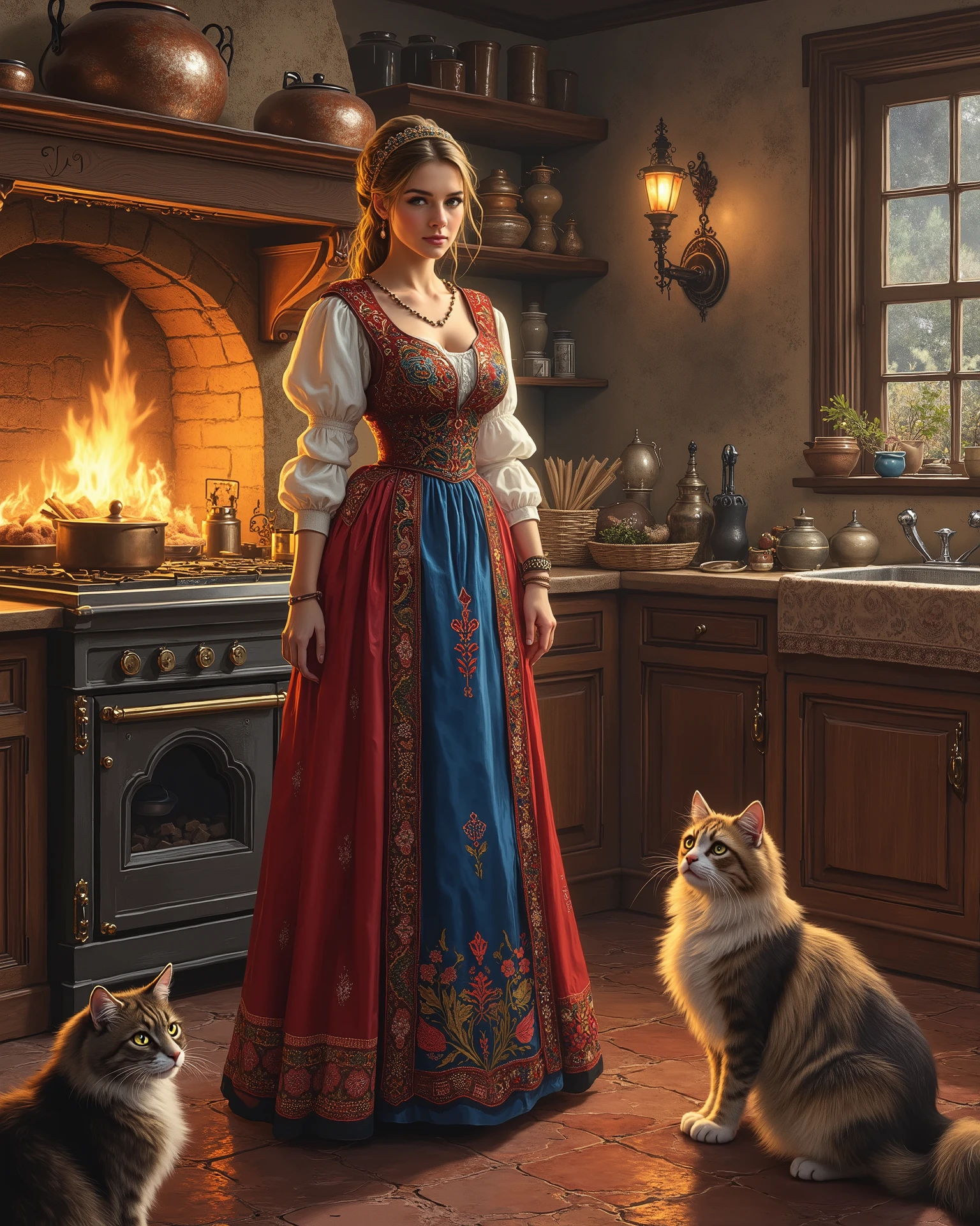 A beautiful Russian woman donning a traditional Caucasian costume, she is in the iconic traditional Russian kitchen cooking meals, intricate scene, fluffy Mainecoon cat, objects and other characters, drawn digitally by color comic master Don Lawrence, award winning professional masterpiece Illustration, in hyper realistic style, anatomically correct, Super detail, best quality