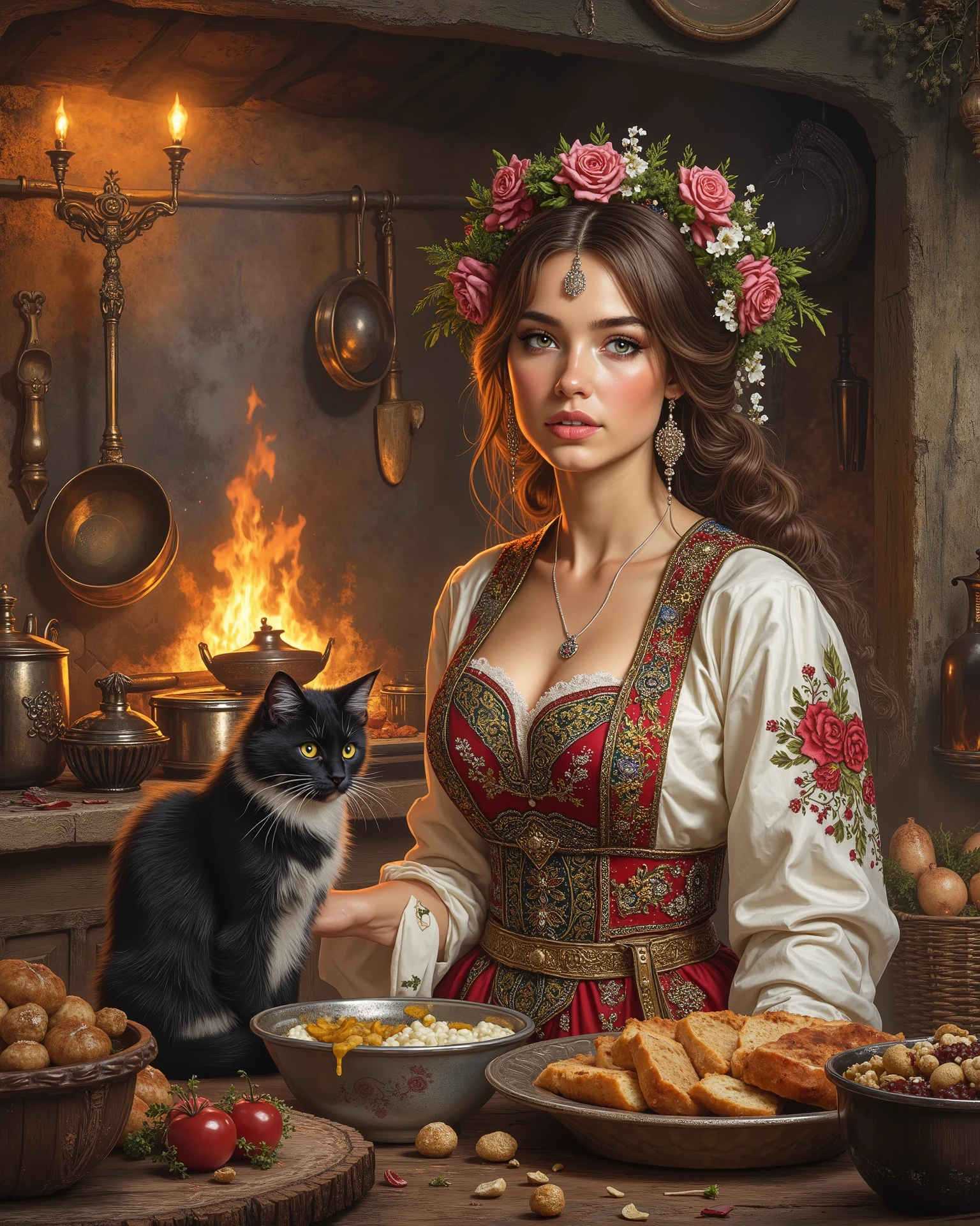 A beautiful Russian woman donning a traditional Caucasian costume, she is in the iconic traditional Russian kitchen cooking meals, intricate scene, fluffy cats, objects and other characters, drawn digitally by color comic master Don Lawrence, award winning professional masterpiece Illustration, in hyper realistic style, anatomically correct, Super detail, best quality
