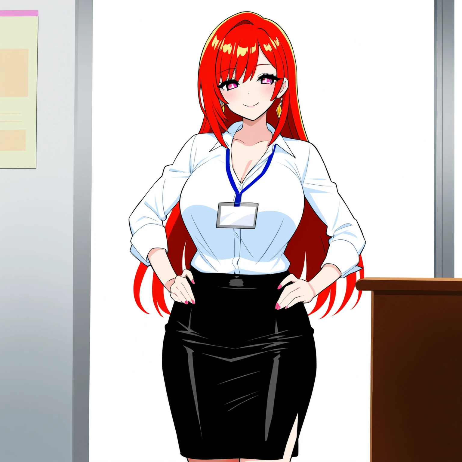 beauty Married Woman Age 30 red hair long hair charming glamour office lady supervised by camera sexy My eyes smile narrows her eyes desk work tight skirt slit skirt