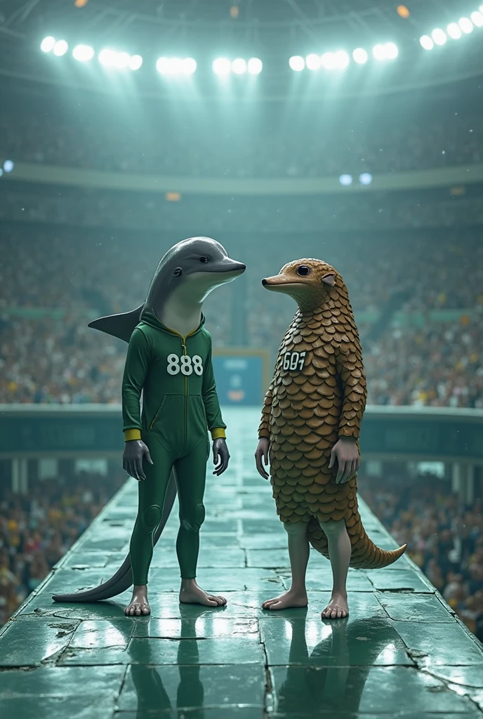 a fish, muscular, puffed-out chest, black suit, next to a saci, muscular, puffed-out chest, wearing a red cap, smoking a pipe, inside a soccer stadium, everyone is sad seeing a coffin with a flag over it highlighted in the colors blue, white, red, black balloons flying in the wind