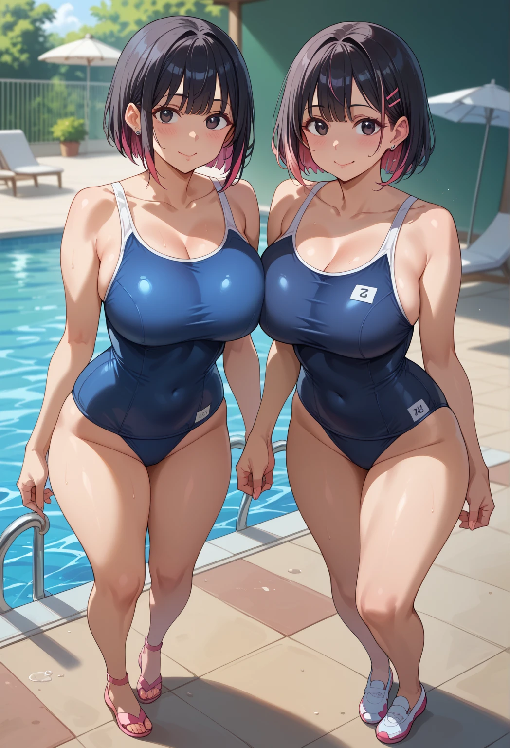 Short black hair, tall, shiny skin, glossy skin, long legs, dark skin, tall, blush, sexy body, lean body, huge breasts, cleavage, erect nipples, cameltoe, competition swimsuit, tight swimsuit, standing, pool