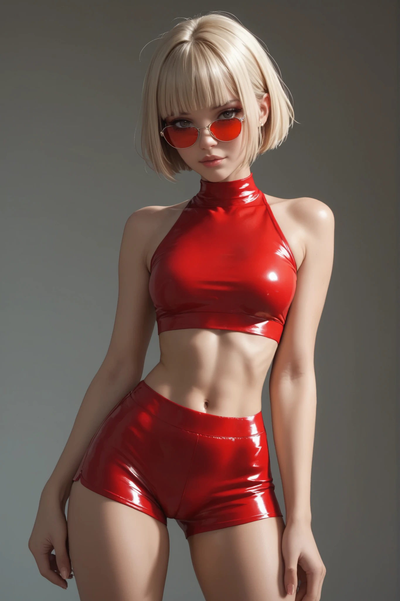 Skinny blonde , red latex yoga shorts and crop top, cowboy shot, short hair in blunt bangs, red sunglasses