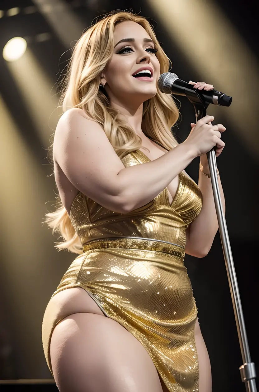 '(best quality,4k,8k,highres,masterpiece:1.2),portrait,full-body portrait,beautiful detailed eyes,beautiful detailed lips,sensual singer,stage performance,microphone,concert,vibrant colors,stage lighting,mic stand,focus on Adele,emotional expression,dynamic pose,engaging with the audience,dramatic atmosphere,flowing dress,golden spotlight,professional,mesmerizing performance'A Adele cantora ,linda corpo inteiro , LIGHT BLONDE HAIR Captivating appearance,olhos verdes,Smiling lips,olhar apaixonado,terno sedutor de mulher corpo inteiro,modelo de passarela,1.8m de altura,cabelo amarrado ,com traje BRANCO BRILHO ,