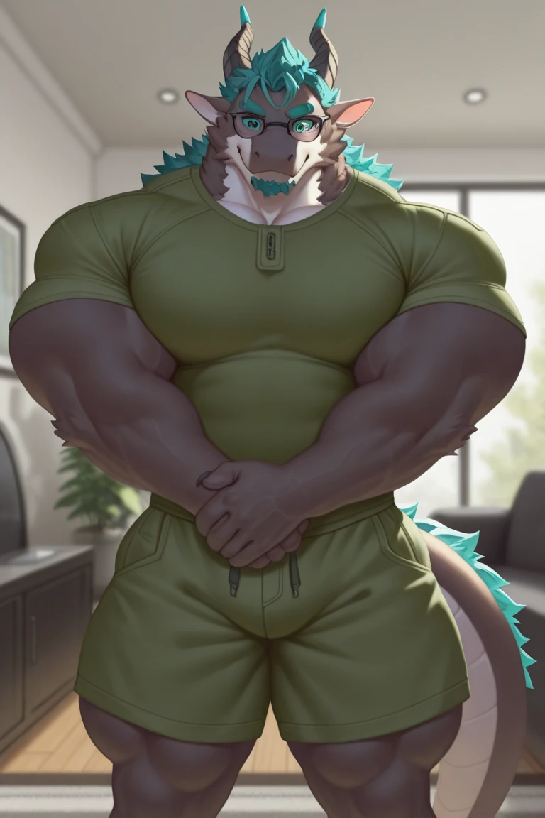 (((ojos detallados, cara detallada))), (peludo, gurangach dragon tail, Picos), male, (rechoncho:1.4), (Black swim briefs, top-less), de pie, (arms behind the back), sonrisa DESCANSO (konzaburou, en el cuello_muri, lindo), dormitorio, (Sombreado suave), 8K, HD, obra maestra, (cuerpo completo)