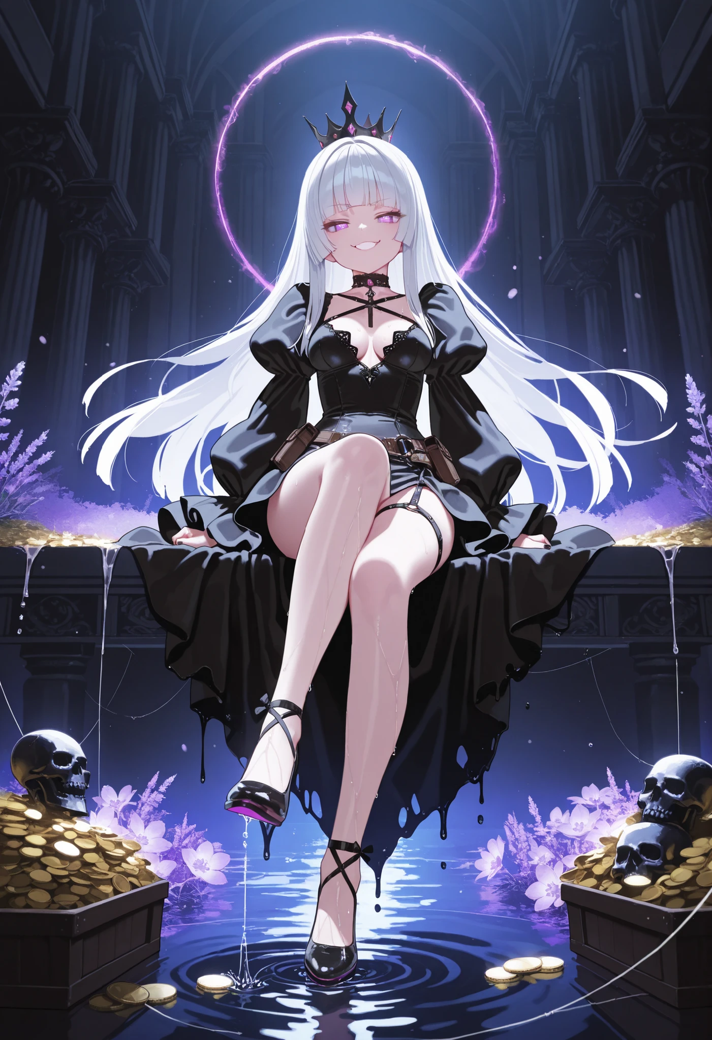 1girl, lavender eye, jitome (0.5), white hair, blunt bangs, hime cut, Medium Breast, queen, melting clothes, dress, flower pettern, Choker, black nail polish, doremi, hwansang, mx2j, masterpiece, best quality, Perfect details, perfect composition, Perfect face, Perfect hand, absurdres, newest, very aesthetic, amazing quality, highres, film grain, Focus on the character, looking at viewer, flowers, Oriental decoration, dynamic view, cute expression, harness, Utility Belt, void, wet, water, floating, grabbing, rotus, thin thread, tar, Acrobatics, water string, dramatic, black crown, dark theme, dark, nsfw, smug face, Gambler, tied with thin thread, A lot of glow coins, falling glow bills, money, Treasure, Cinematic, Magnificent, front view, joyful, spider, madness, Dominant, Cross legs, overbearing attitude, arrogant, wet foot, Sitting on string, floating in the air