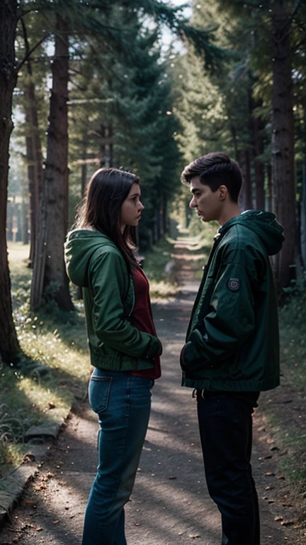 Girl blonde hair light eyes rests her head on the shoulder of a teenage boy light brown hair light eyes in the middle of a large autumn forest, dramatic, cinematographic, romantic, vista amplia