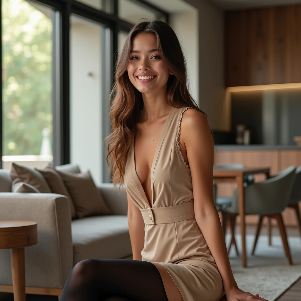 Cute 23 year old girl named Kaitlyn, smiling, toothy expression, body, high quality, hard lighting, wearing sexy dress, sitting on a couch, full body shot