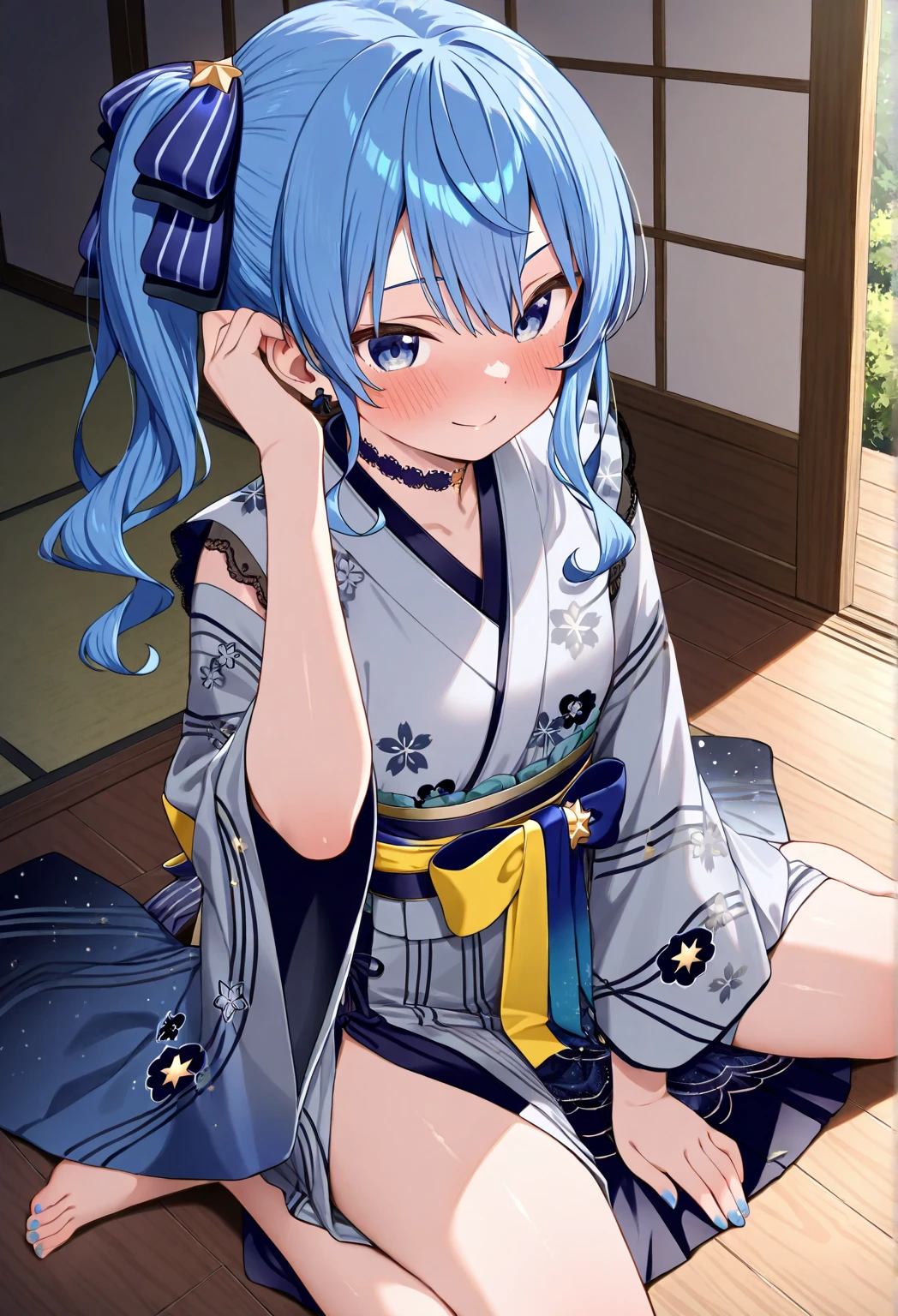 Beautiful 15 year old Japanese girl with short blue hair Gorgeous embroidery, Ultra glossy, She is wearing a shiny silver kimono..... She screams and writhes as the old man presses his penis against her pussy and has sex with her in the missionary position.