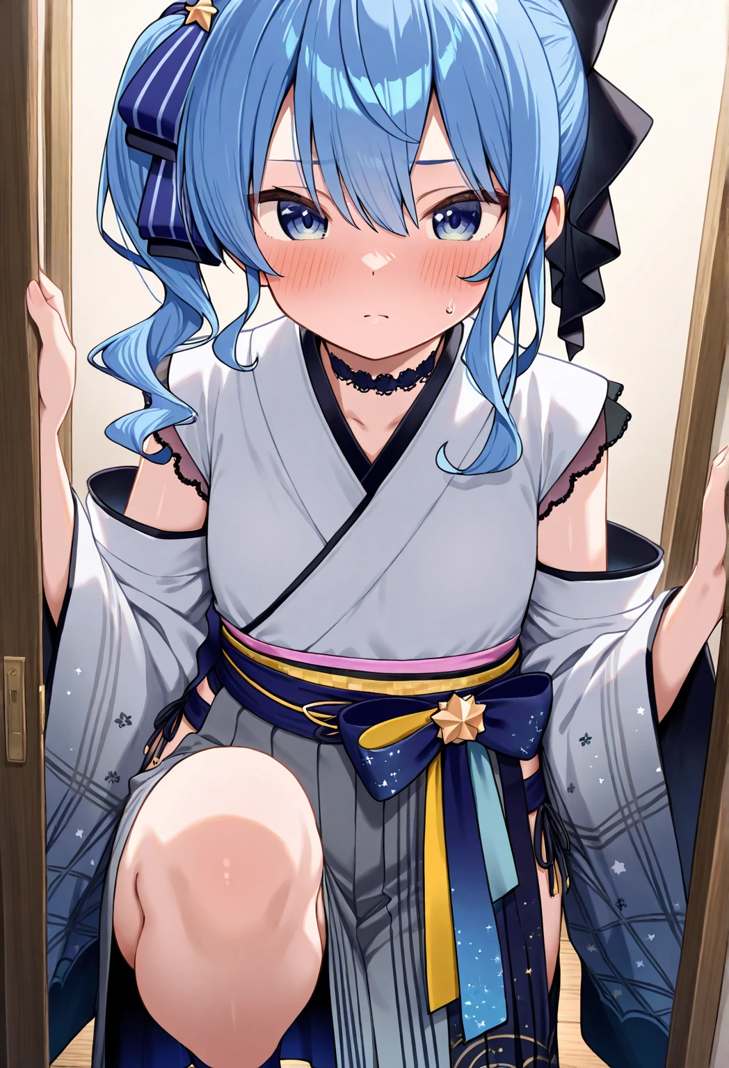 1 Cute naughty Assassin girl, Pastel colors hair, medium breasts, (Thighs, fishnet pantyhose, ninja costume, dark blue kimono, big kimono obi, knotted string, sleeveless, glove), short hair, (dark blue hair:1.2), (naked:1.3), (forehead:1.2, bangs pinned back, asymmetrical bangs, hairclip, side ponytail:1,2), standard height, (Serious, Large eyes, yuruyuri), at the adventurer's guild, A bulletin board with posted paper, nfsw, sweat, (cum in vaginal:1.3), vaginal sex