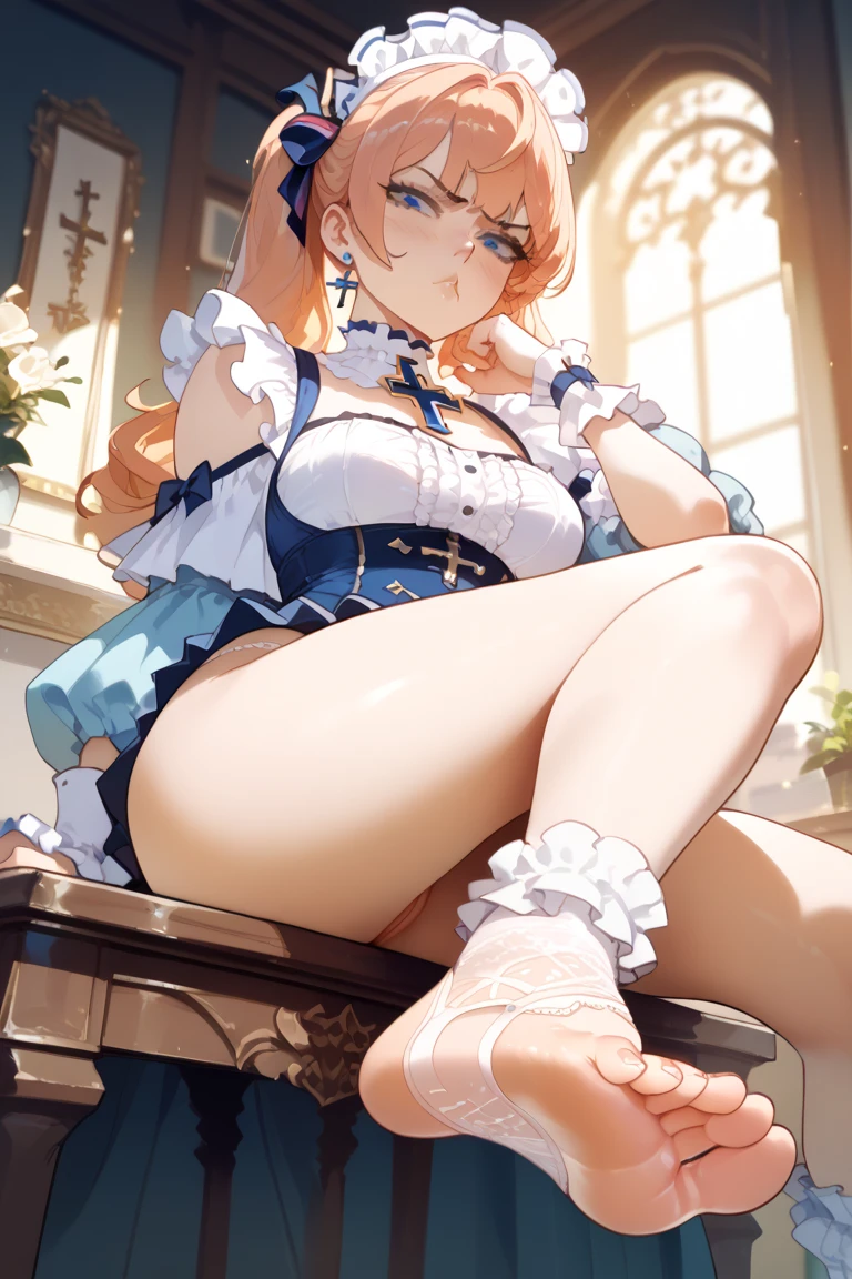 FFA, from below , leg up , sole , feet , looking at viewer ,aapeco, very long hair, ahoge, braid, tiara, hair ribbon, red ascot, cleavage, shrug (clothing), shoulder armor, white dress, short sleeves, white gloves, pleated skirt, red skirt,A seductive smile, Blushing, (Highest quality), (Sole),(Cum on feet),Lace panties,High resolution