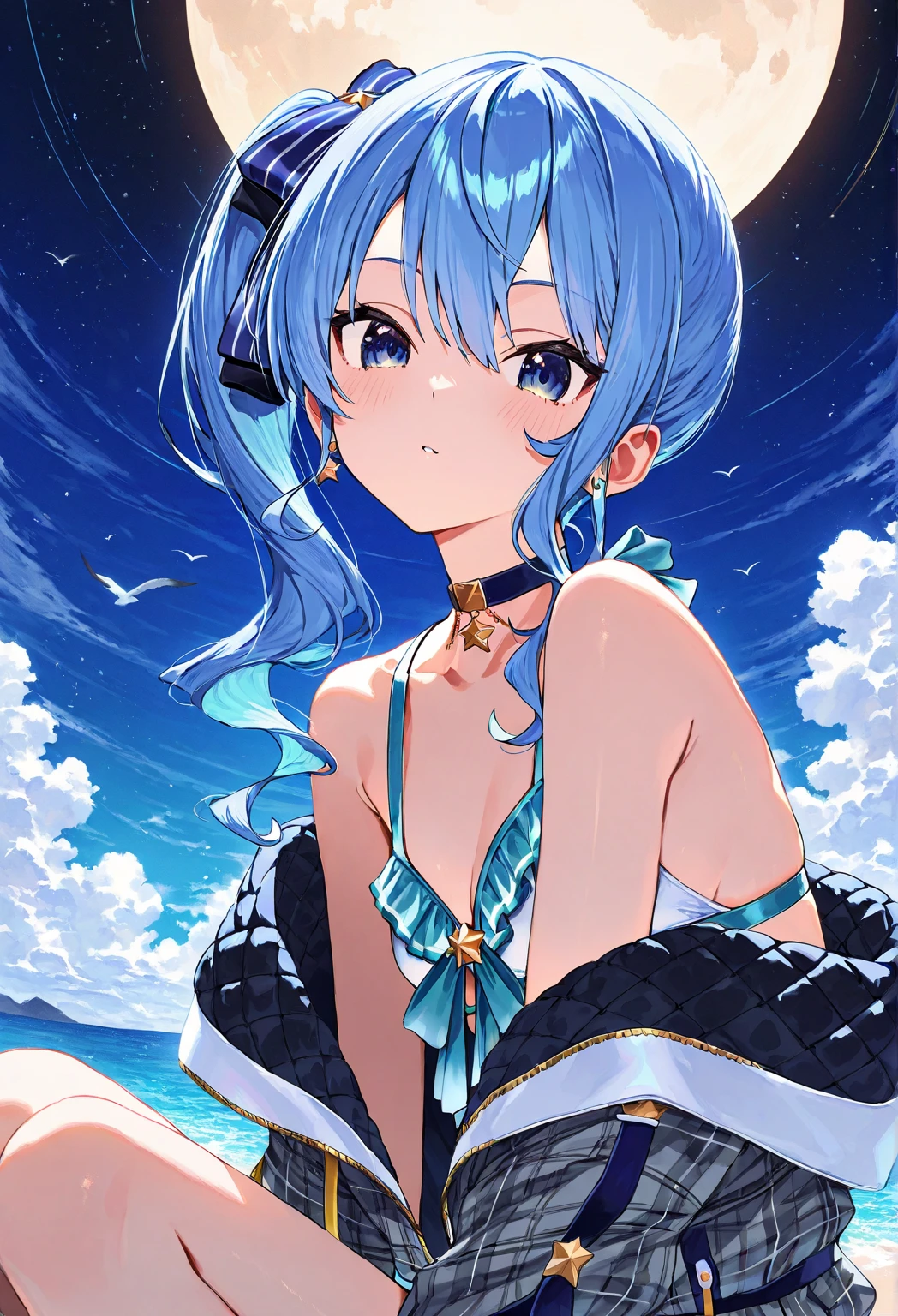 ((work of art, best qualityer)), 精致的面容，Kizi，all-body，Standing photo，perfect body proportions，gorgeous eyes，FantasyStyle，extremely pretty，transparentes，clouds，water ripples，transparentes，fun、May，lace，star decoration