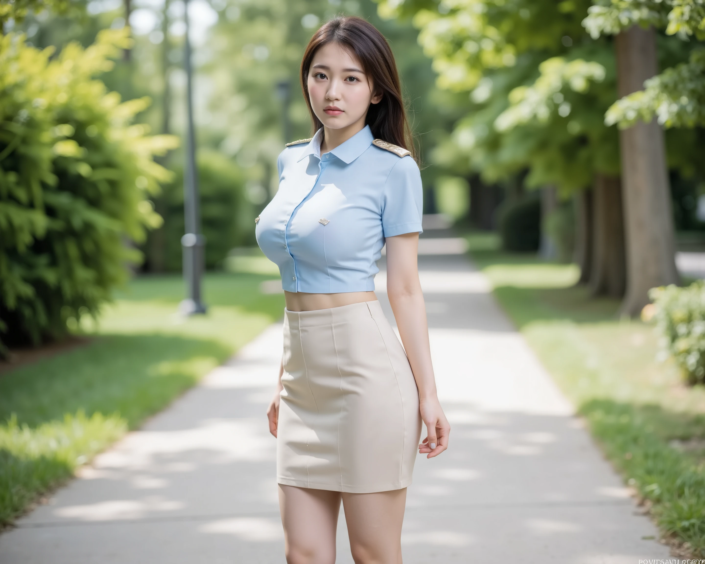 ung 20 yearolds russian girl, long long sleek hair,light brown hair mixed with pink and blue and white hair on shoulder, RAW photo, (highest quality), (photorealistic: 1.4), (realistic skin texture: 1.5), young female,(large breasts,sagging breasts) (from-sideViews,full-body ,angle-below. shot)(,long legs, high wearlegs,), (slender,slim,skinny) tilt head , (modeling pose, noble and elegant), wearing a tightly light blue mini short-sleeved collared shirt, Tucked into the very tightly highly-waisted, and show her tightly fitted silver-white highly-waisted above the navel short mini skirt. She has a silver shoulder epaulettes give off a professional yet chic vibe. She is standing on a pathway surrounded by lush greenery. She has a slim figure, large chest, Small her waist, She turns around back to the camera, With torso. The lighting is soft and warm, giving the scene a professional and slightly formal atmosphere. The background including trees and bushes. The lighting suggests a bright, sunny day, with sunlight filtering through the leaves, creating a peaceful and inviting atmosphere.,Tucked into the very tightly highly-waisted, and show her tightly fitted beige highly-waisted above the navel short mini skirt. She has a gold shoulder epaulettes give off a professional yet chic vibe. She is standing on a pathway surrounded by lush greenery. She has a slim figure, large chest, Small her waist, She turns around back to the camera, With torso. The lighting is soft and warm, giving the scene a professional and slightly formal atmosphere. The background including trees and bushes. The lighting suggests a bright, sunny day, with sunlight filtering through the leaves, creating a peaceful and inviting atmosphere.