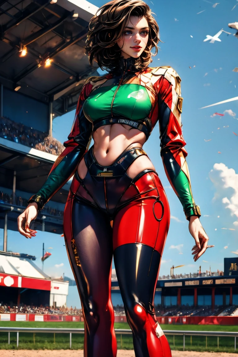 Solo, A brave and courageous image of a 6 member ranger team, Each one is decorated in vibrant colors such as:: ((Pink)), red is front of center, violet, Green, yellow, blue black, white,. Dynamic poses in a background that exudes energy and courage, neon, fire, plasma, Fluorescent, shocking, pink big bomber, splashing pink, running, fighting pose, action pose, Embodying the essence of the classic Sentai superhero team. Each Ranger:: The attire is sophisticated and modern, Each color has elements that reflect its theme., Ready for action. ((Camel Toe)), weapons, in sunset background , in cinematic lighting, cover art mixed cinema poster style, (thick thighs:1.3), (huge breasts:1.2)