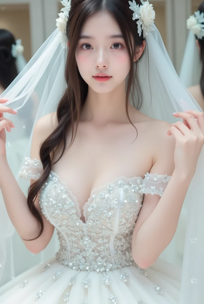only 1 girl, huge laugh, Very pretty, beautiful eyes, thin collarbone, make her sit, cute teen, sweet, sun glare, Conservative attire, turtleneck wedding dress, bridal tiara, bridal veil, depth of field, blurred background, light particles, strong wind, rainbow color, head tilt, staring into the distance, long hair,