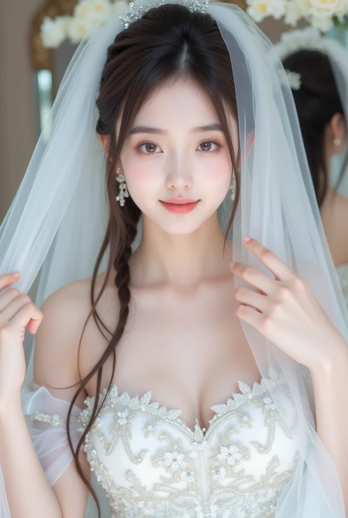 Beautiful bride, red wedding dress, delicate facial features close-up, shy, waiting to be married, fat body, full body photo, gentle eyes, no eye bags, light makeup