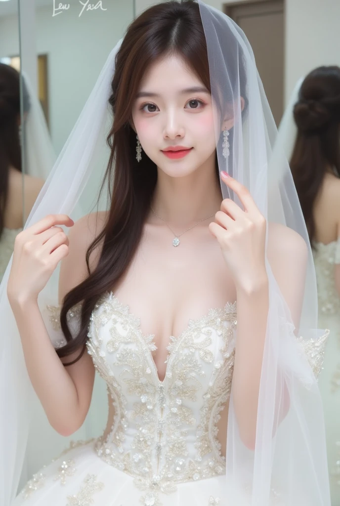 (best quality, 8K, masterpiece, ultra high definition: 1.3), (kpop idol: 1.3), 1 , (: 1.2), (long hair), Perfect body, Beautifully, beautiful eyes, double eyelids, Hands are super thin, ((Korean wedding dress)),开衫elegant , detailed , elegant , Luxury hotel 5 star,,