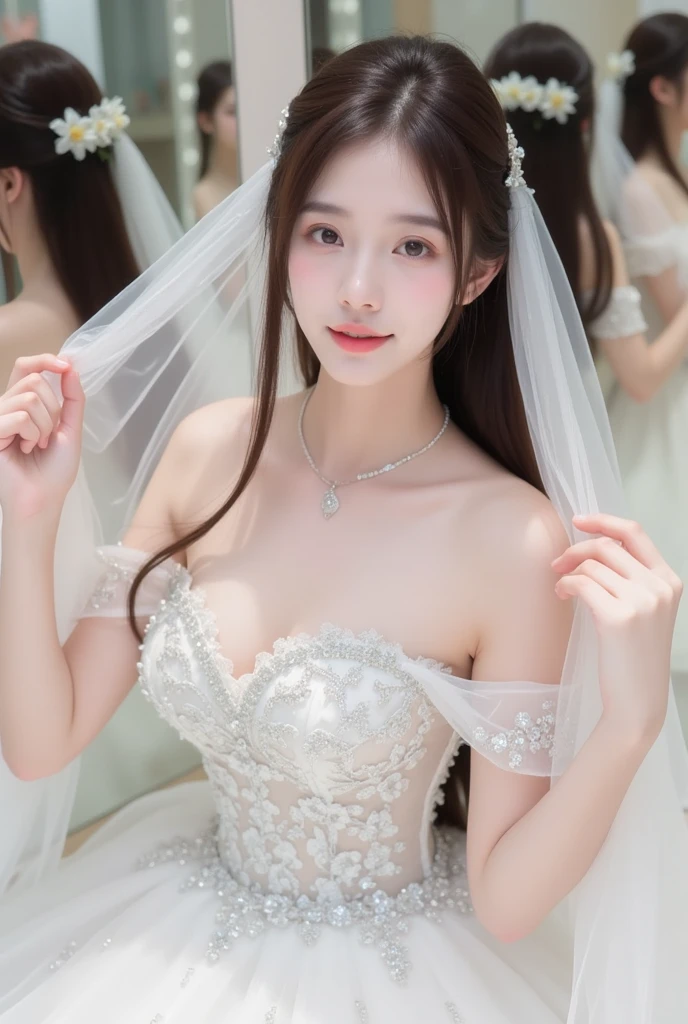 (Canon RF85mm f/1.2), (8K, original photo, best quality), (masterpiece), (Practical, photograph Practical), (Very detailed, High Detail, Best image quality, Very detailed, high resolution, Very detailed, Very detailed的描述, Ultrafine, Extremely exquisite and beautiful work), Beautiful and delicate girl, Solo Girl, ((Perfect body)), Very detailed eyes and face, White skin, Noble and beautiful, ((The skin texture is delicate, Pores)), Perfect anatomical structure, Beautiful Body, Delicate face, Slim abdominal muscles, Slim waist), Big Ass, (Large Breasts, Breast enlargement), (cleveage), (Soulful gaze, soulful eyes, Glowing eyes), (Beautiful clear eyes), (Bounce Curly Messy Long Hair), (Smile:1.2), (Fascinated expression), (Beautiful appearance), ((Low-cut，Wedding dress，No Sling，Show your shoulders，E Cup)), ((Tight)), ((Bud)), ((wear glasses)), earrings, necklace, ((night)), ((Street View, moonlight)), Physically Based Rendering, Realistic lighting, (((Deep Crack))), ((Looking at the audience)), ((eternal)), ((Happy and shy))