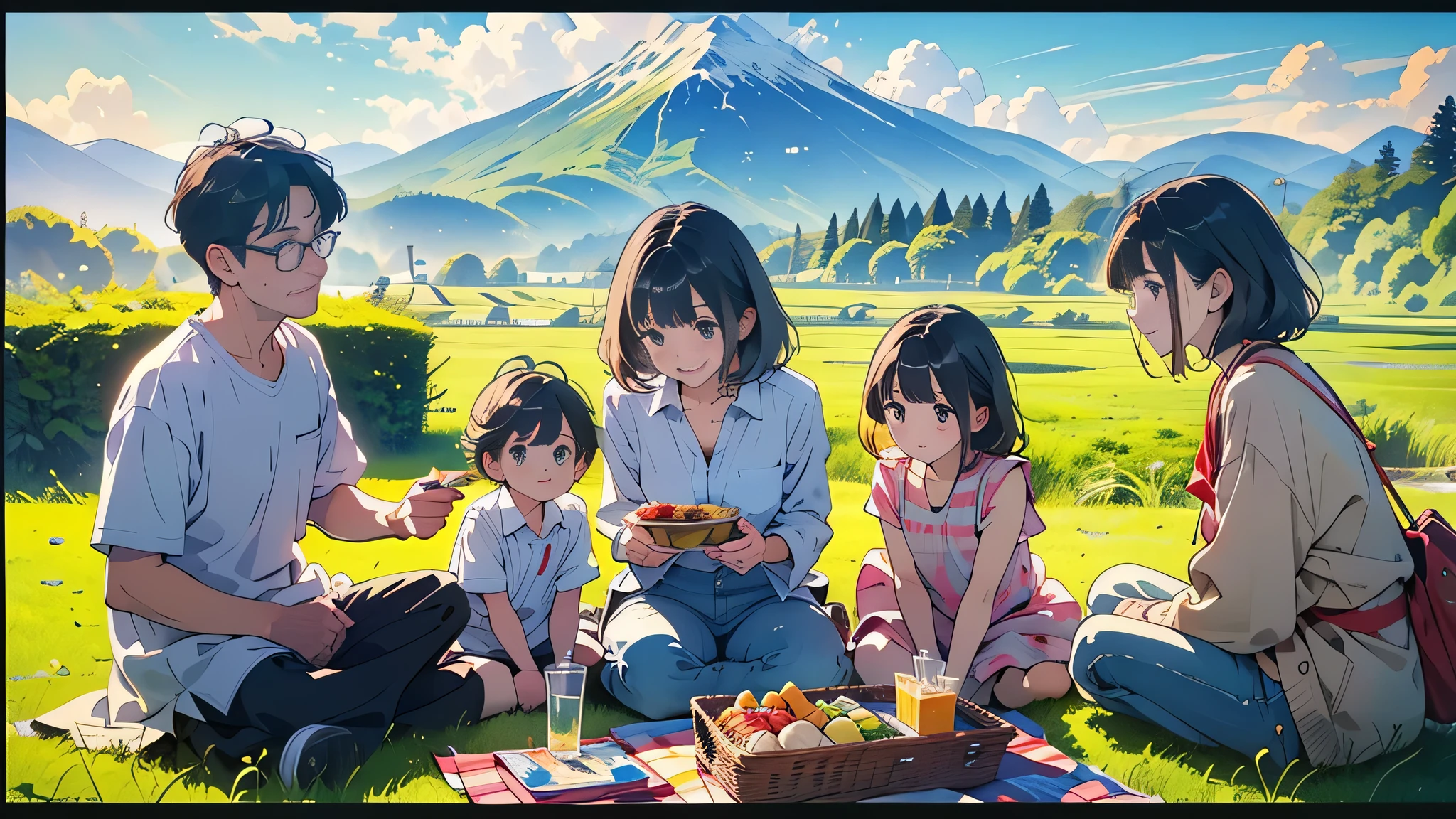 (masterpiece、top quality、top quality、beautiful and beautiful:1.2)、good anatomy、(Watercolor 1.5)、family of 5 is having a picnic in the prairie。Sitting in the center is a 20 year old girl with black hair and bob cut。Her bangs are above her eyebrows、Dark Eyes、female college student、round face、drooping eyes、white dress、Jeans pants、wearing white sneakers。((50-year-old dad with glasses))and、((50 year old mom who seems kind))and、わんぱくな小さな弟and三つ編みの小さな妹がいる。Everyone seems to be having fun eating bento。Green mountains can also be seen in the distance、Wide Angle Lens
