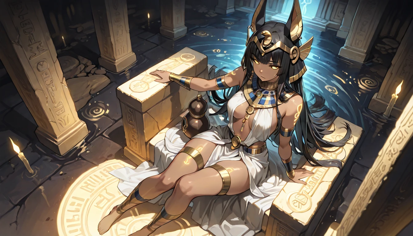 (masterpiece, top quality, best quality, official art, beautiful and aesthetic:1.3), (1girl:1.3), extreme detailed, colorful, highest detailed,((ultra-detailed)), (highly detailed CG illustration), ((an extremely delicate and beautiful)), cinematic light, petite, anubis attire, solo, (abstract art:1), full body, moon, night, ((ancient egyptian theme)), (anubis ears), pyramids, staff, (gold), golden ornaments, ((expressionless)), pharao, hierography, portrait, body tattoo, face tattoo, active pose, over head lighting, fangs, glowing eyes, sitting, relics, young,