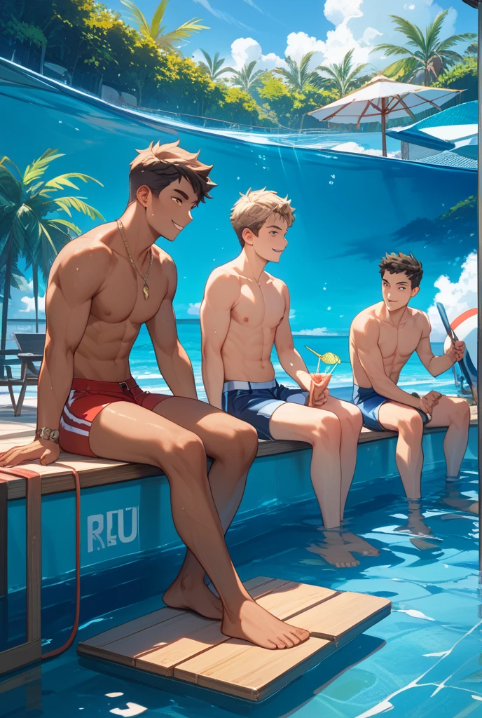 Men's swimsuit briefs, three teenagers, high school students, pool locker room, swimming lessons, haughty expressions, fangs, heat, shut up, foot on football, abs, full body, single, barefoot, holding a swimming cap, naked, swimming goggles, wet all over, holding a glass of juice, squinting