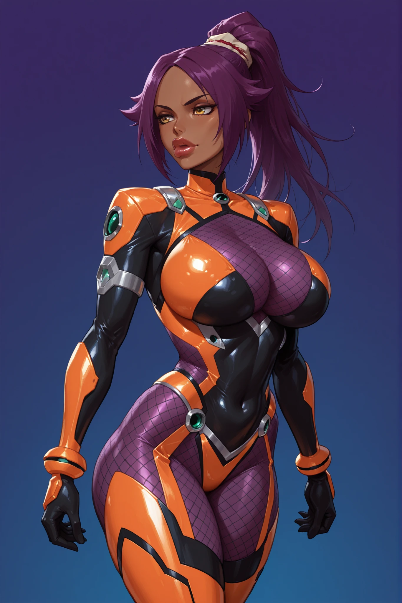 master piece, high quality, 4k uhd,hires, Yoruichi Shihouin, purple and orange armored taimanin bodysuit, thick thighs, mesh clothing windows, thick lips,