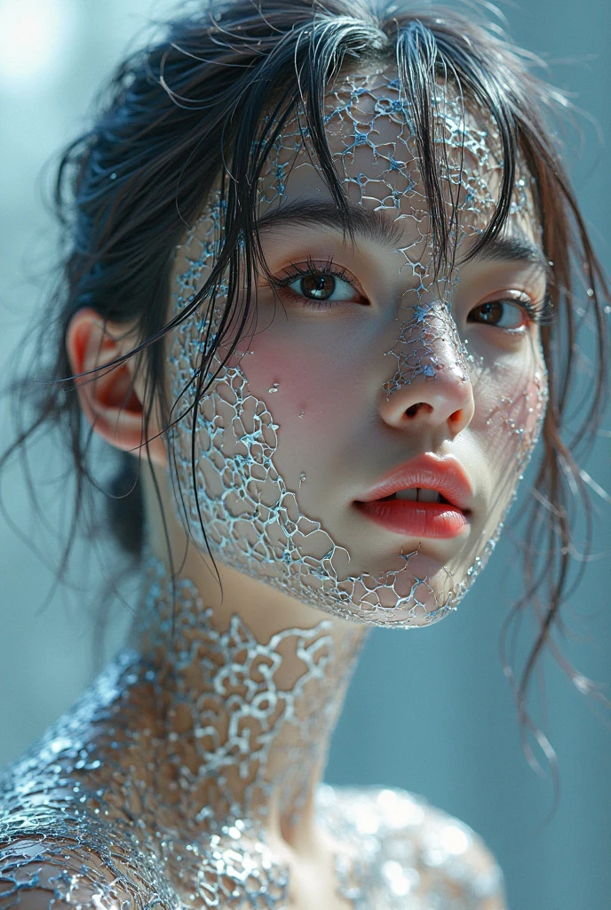 score_9, score_8_up, score_7_up, BREAK, 
realistic style, minimalism realistic photography, cyberpunk, sci-fi, close-up of a young and beautiful Chinese girl, strapless, fashion suit, realistic facial feature, surrounded by snowflakes and drizzle, with the cyberpunk city in the background, Bold epic color palette with strong contrasts