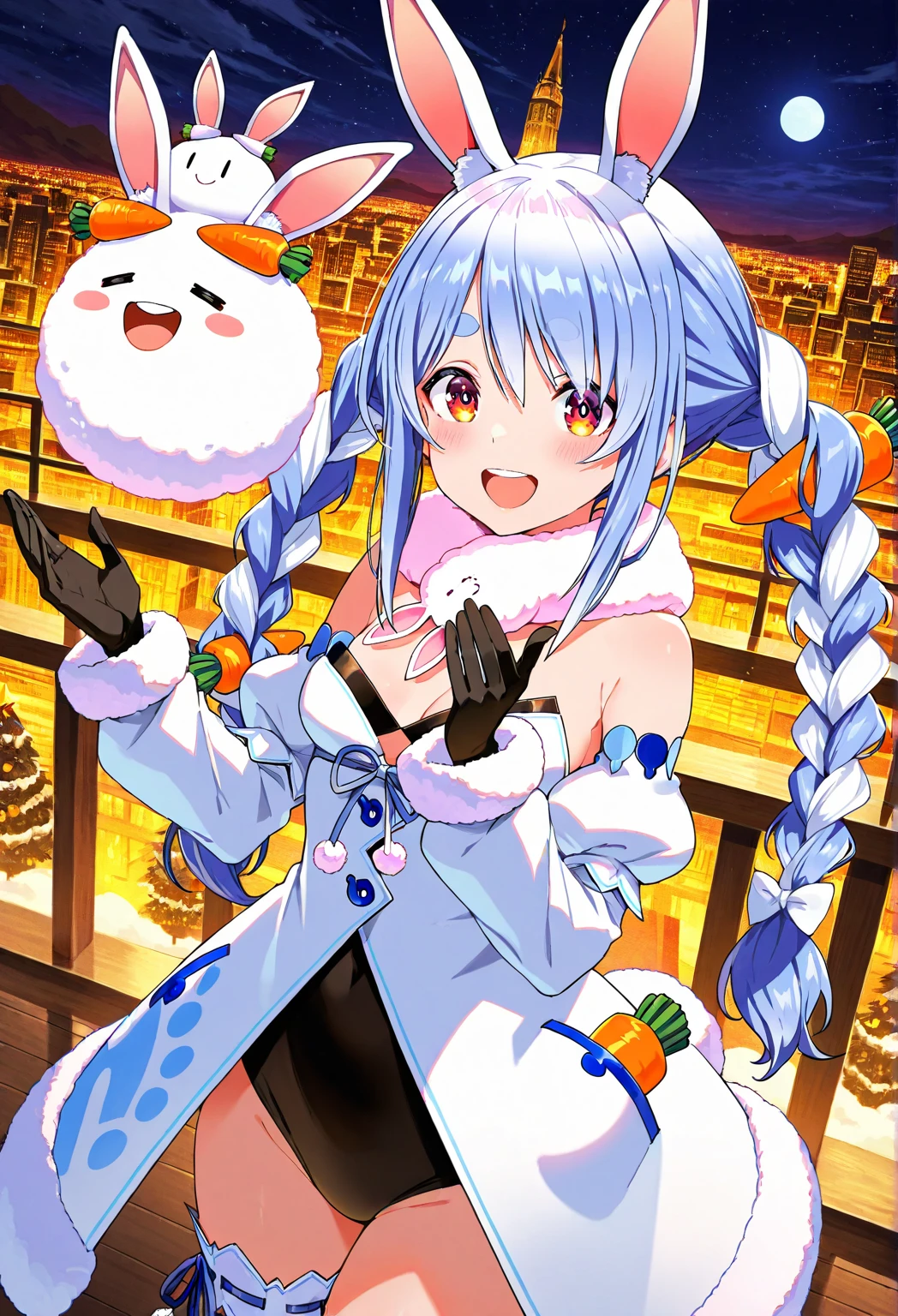 photo of a iom girl, <lora:Pekora2:0.65>, thick eyebrows, smile, open mouth, white sleeves, fur-trimmed dress, red eyes, long hair, ribbon, strapless, thigh strap, fur scarf, rabbit girl, leotard under clothes, puffy short sleeves, detached sleeves, bare shoulders, small breasts, carrot hair ornament, white dress, white hair, twin braids, blue hair, fur-trimmed gloves, don-chan (usada pekora), multicolored hair, rabbit ears, pantyhose, fur trim, usada pekora, virtual youtuber, 1girl