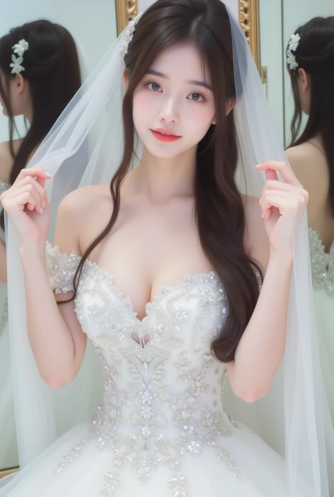 (Best Quality, 8K, 32 k, Masterpiece, UHD:1.2),Photo of Pretty Japanese woman, 1Girl, (Long dark brown hair), Double eyelid, large full breasts, wedding dress, Party Room (Party Room), caress , open chest, Standing with a bouquet of flowers, masturbation,