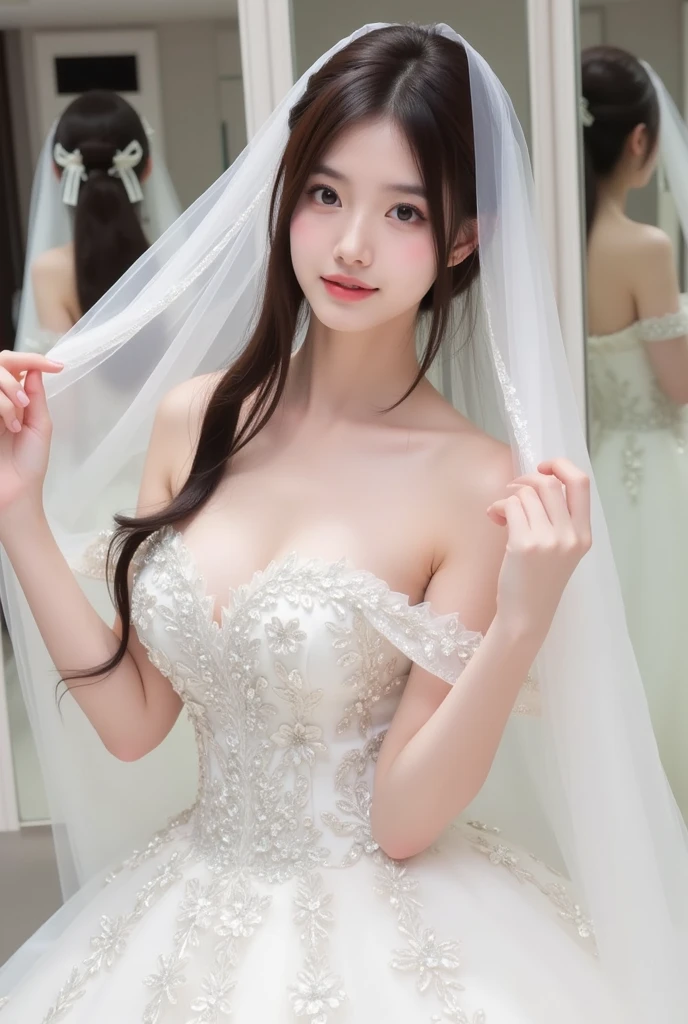 (Best Quality, masutepiece:1.2), (Realistic:1.3), (hyper detailed background, Detailed background), Bokeh,Shooting from the side, ((huge-breasted)), (((chest protrudes from clothes:1.3))), (Princess Line Wedding Dresses:1.3), (((handjob、fellatio、from above、open mouth、kneeling、licking large penis 、pojecile cum、facial)))、Bridal tiara, Bridal Veil, bridal gauntlets, Upper body, Beautiful Wedding Venue, Teenage, Cute,Smiling, (((gleaming skin、oil wet skin)))