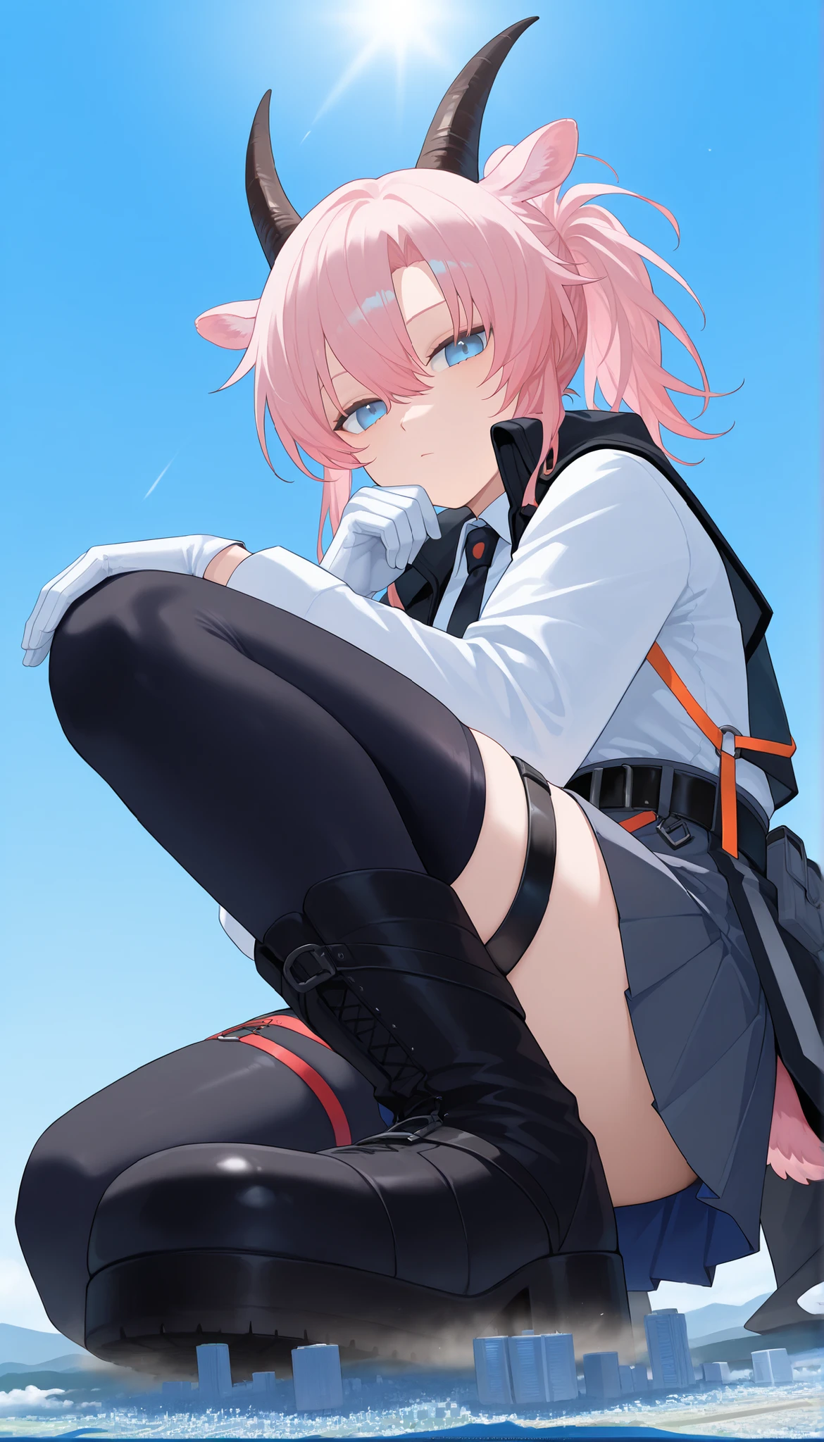 score_9_up, score_8_up, score_7_up,地面に座る,earthspirit, looking at viewer, pink hair, ponytail, hair between eyes, bangs, horns, animal ears, blue eyes, goat tail,
coat, white shirt, necktie, skirt, belt, black thighhighs, thigh strap, white gloves, black footwear, (giantess:1.4), microcity, 1girl, solo, collapsed city, Outdoors,(from below), masterpiece, best quality