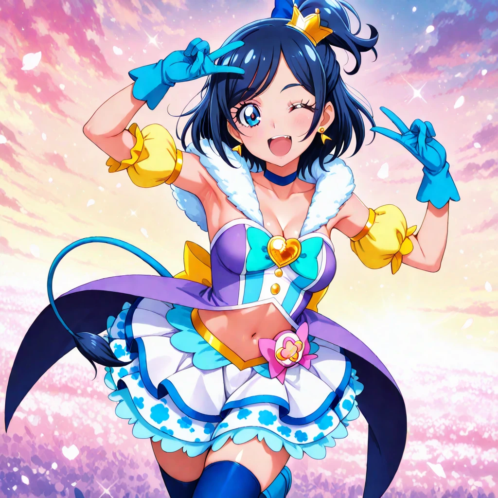 Masterpiece, best quality,Solo, cowboy shot,Sonoda umi love live, crop top,mimi skirt, waistband, day, yellow eyes,(blushing:1.2),thighs , simple background, magical girl 