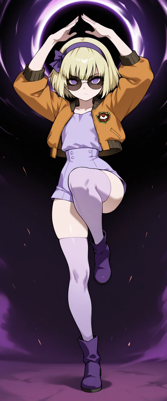 like pop art, best quality, super fine, 16k, incredibly absurdres, extremely detailed, delicate and dynamic, cute female fighter, awkward smile, orange messy wavy short hair, purple eyes, pink seamless turtleneck full bodysuit, purple down jacket, purple long boots, mysterious pop-shaped long gun, wind, wind-effect, background pastel colored lab factory