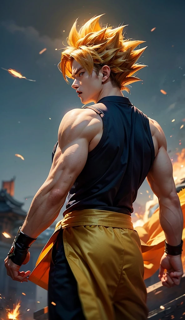 Create a shonen manga character Golden Hair, that reflect sunlight.
Amber eyes that shine brightly when using solar energy.
Athletic physique due to training