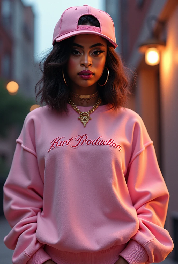 a model wear ovzrsize suit of pink color, inside white t-shirt, posing for a picture, baseball hat,Edit pictures, high resolution, Edit photos, Official Versace Editor,wear ovzrsize suit,Balenciaga concept fashion photo ,