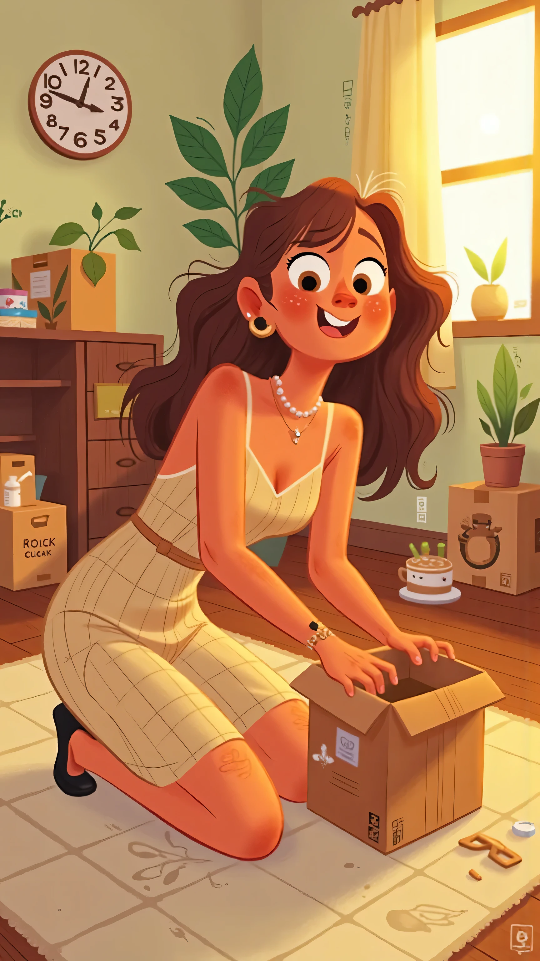 Upward shooting angle，A stylish and elegant young woman（has long brown wavy hair that is naturally flowing，Brown eyes， yellow skin），wearing a sleeveless strappy sexy light beige plaid dress，Kneeling down on one knee to unpack a box， looked relaxed during the conversation 。There are delivery boxes all over the floor。The room had a warm atmosphere、peaceful，Soft lighting is shining from above，And natural light is visible through the window。The camera focuses on the person's facial expression and hands handling the box，The scene has a slight fish-eye effect，Added depth。There are several boxes in the background，The interior is simple。--Style：2d illustration ，A cozy home，soft lighting。