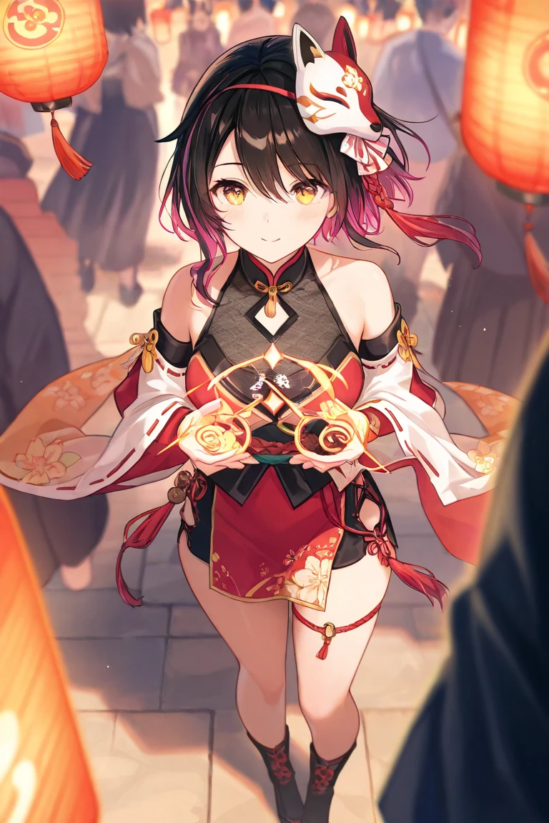 slender beautiful girl, alone, {oiran }, top quality, fine details, no blush, knee-high, small breasts, wearing a mask, dancing, small eyes