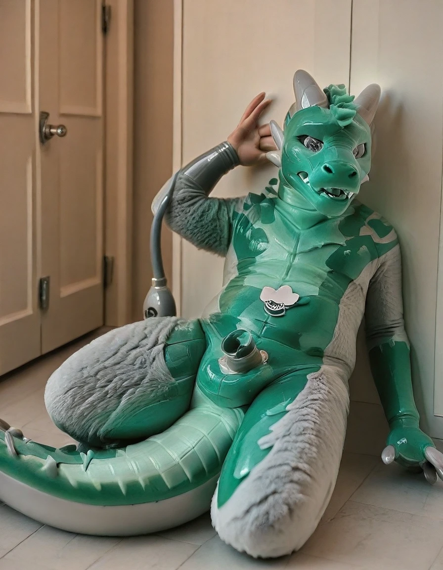 furry, male, young, young expressive furry face, muscular, pecs, abs, small waist, tall,  green fox, fox tail, green fur, white chest fur, white arms, white legs, barcode tattoos, blue tribal tattoos, blue ponytail hair, nude, talking, speaking, open mouth, black mouth, big blue eyes, hard nipples, erect white penis with foreskin, erection, white foreskin, leaking precum, on a assembly line, factory interior background, full body, full body portraits, full body shot 