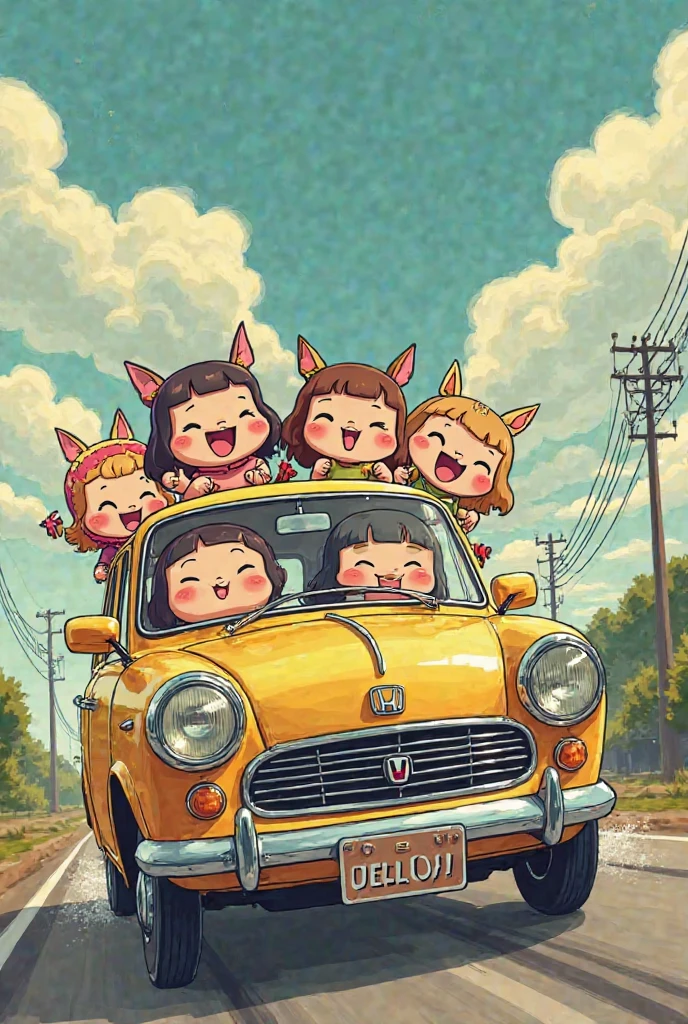 masterpiece,best quality,Honda_city,retro artstyle,1980s \(style\),album cover,
a lot chibis riding Honda_city,(giggle,happy:1.2),on your butt,and open the mouth,Animal ears and tails,
strand,